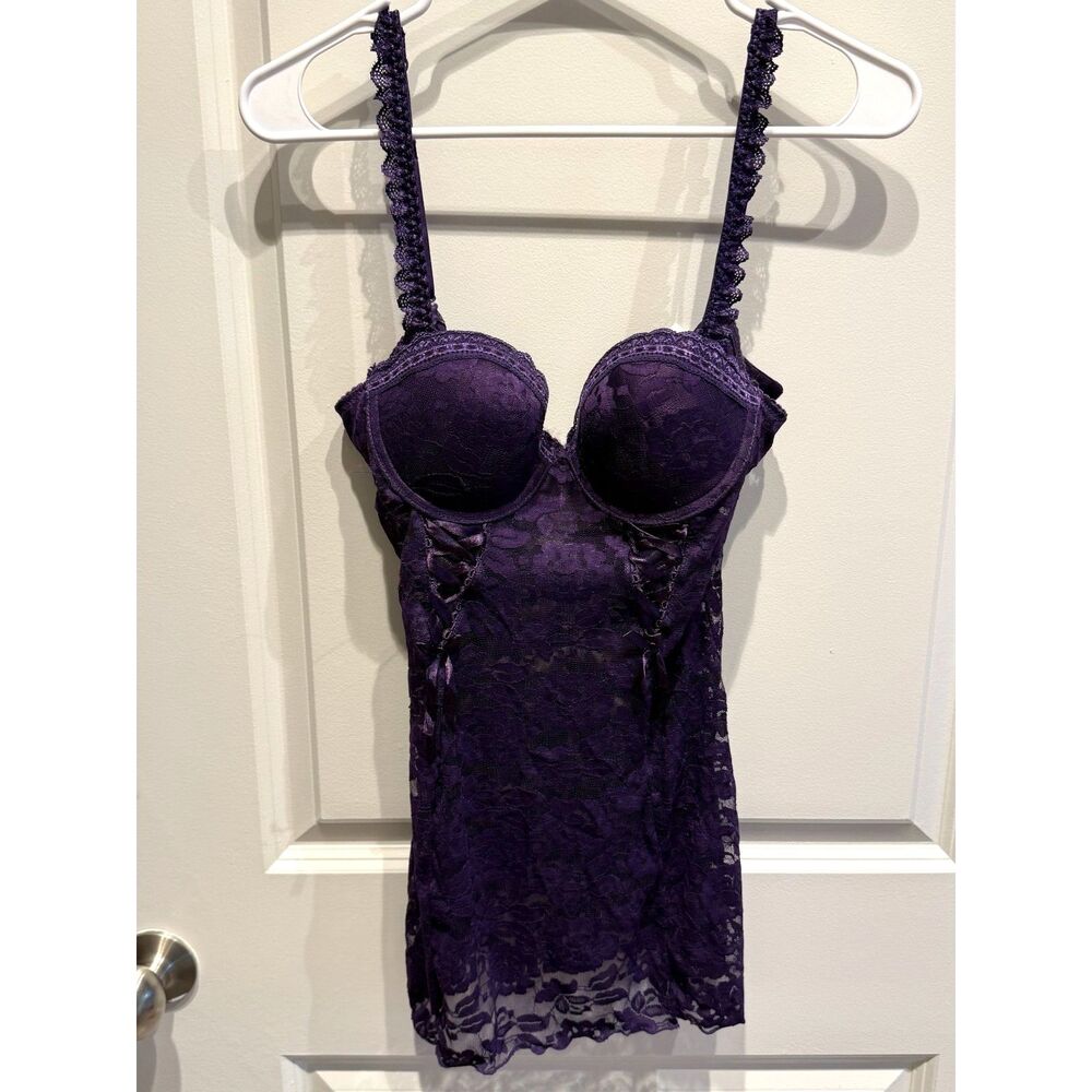Jezebel Purple Lace Bow Lingerie Top Bra Babydoll Push Up Size Small A B Cup EUC